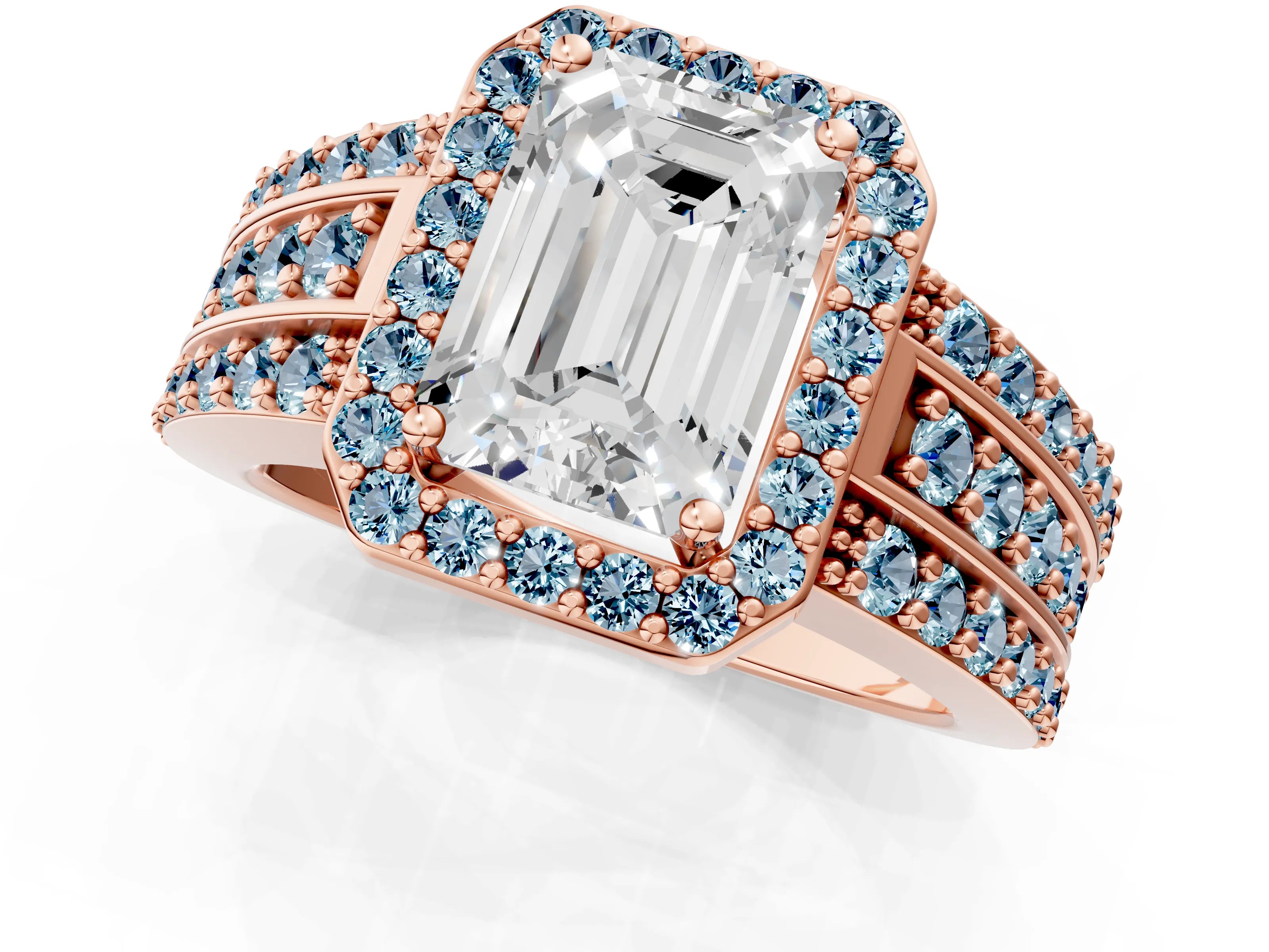 Rose gold Emerald Cut Halo Diamond Ring with Round with Aquamarine side stone Split Shank and Prong Setting_1