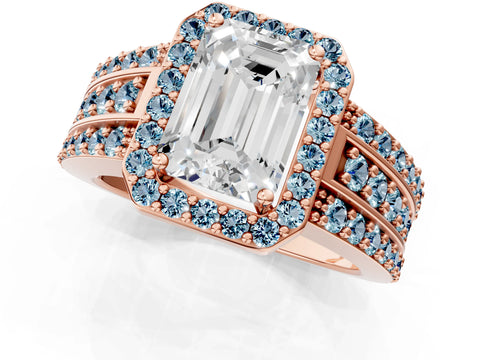 Rose gold Emerald Cut Halo Diamond Ring with Round with Aquamarine side stone Split Shank and Prong Setting_1
