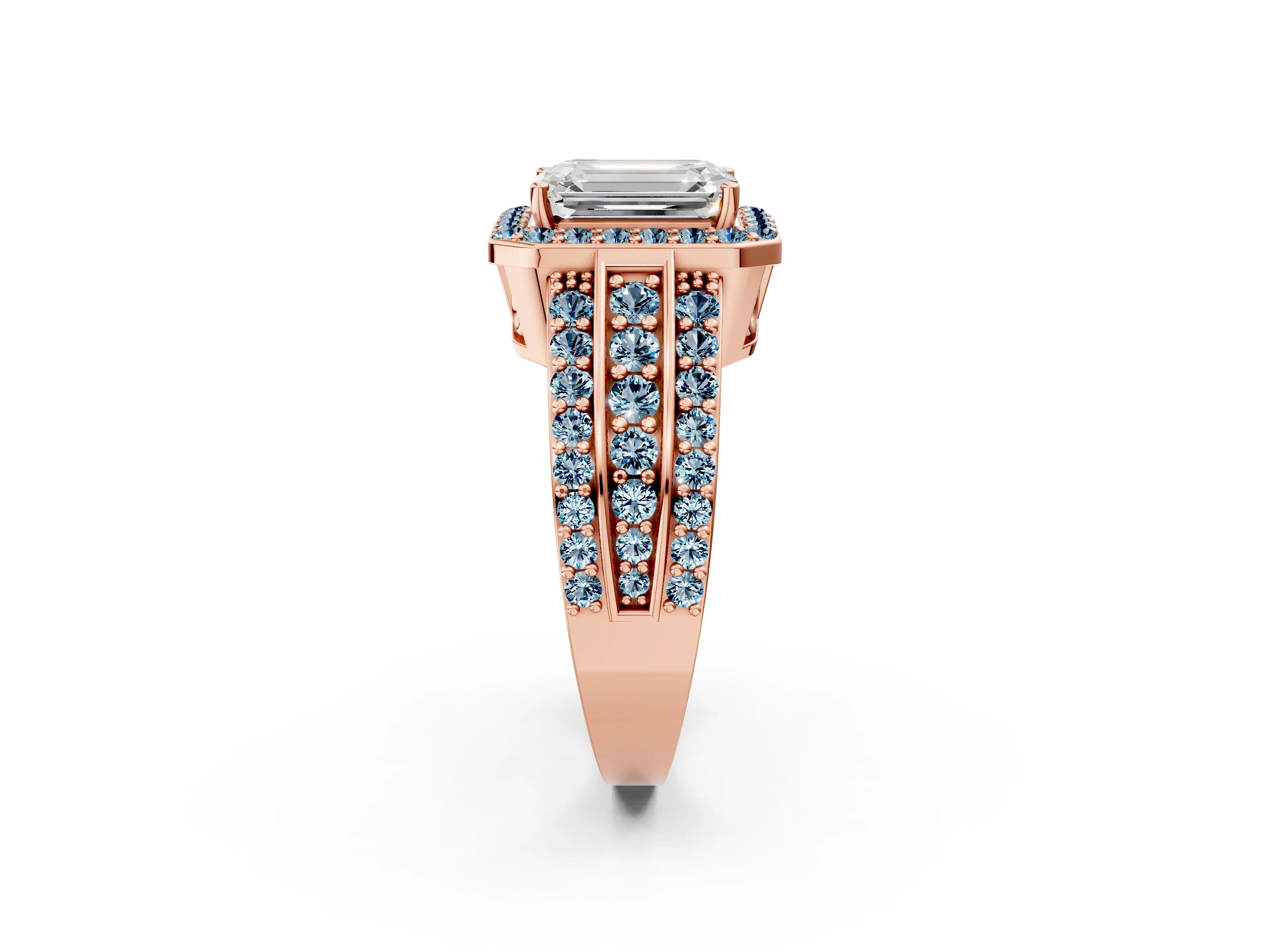 Rose gold Emerald Cut Halo Diamond Ring with Round with Aquamarine side stone Split Shank and Prong Setting_2