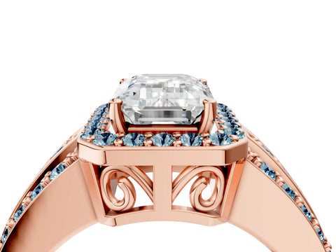 Rose gold Emerald Cut Halo Diamond Ring with Round with Aquamarine side stone Split Shank and Prong Setting_4
