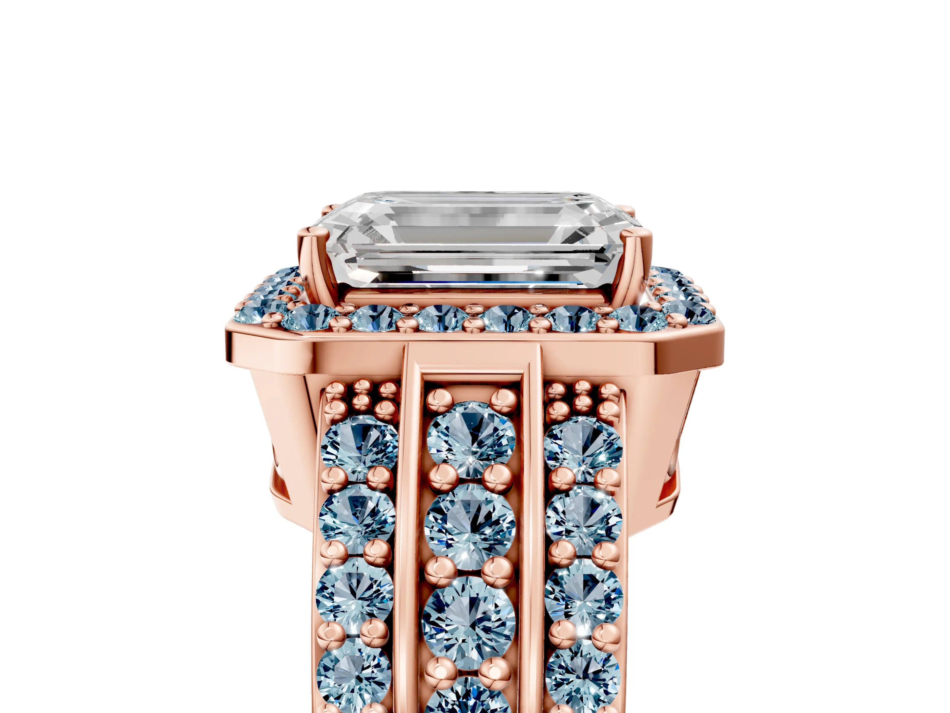 Rose gold Emerald Cut Halo Diamond Ring with Round with Aquamarine side stone Split Shank and Prong Setting_5