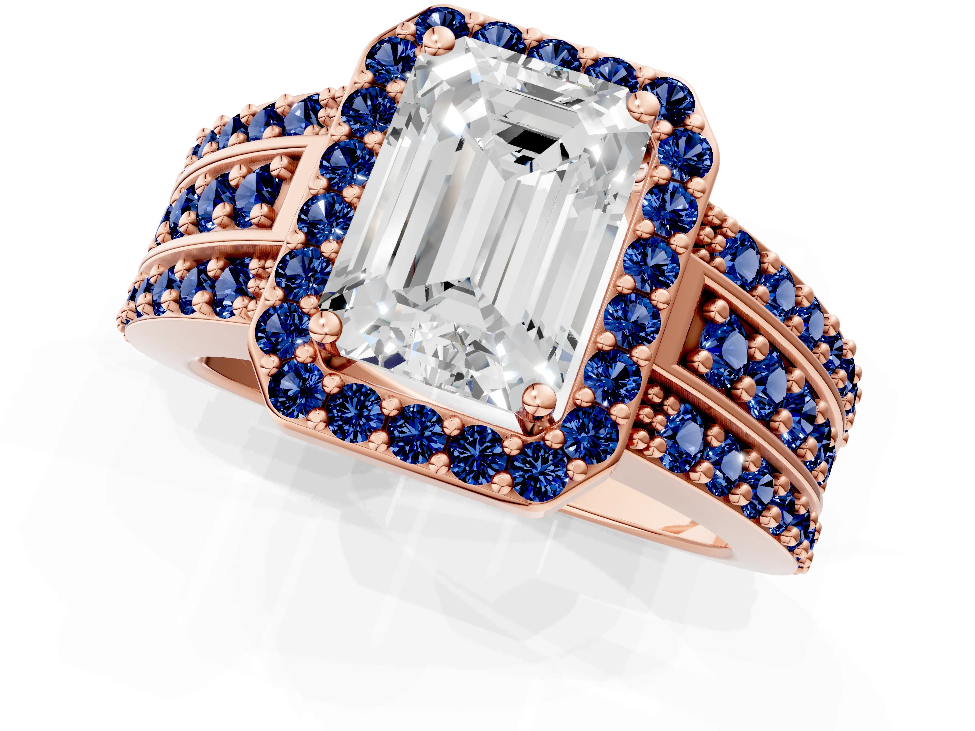 Rose gold Emerald Cut Halo Diamond Ring with Round with Blue Sapphire side stone Split Shank and Prong Setting_1