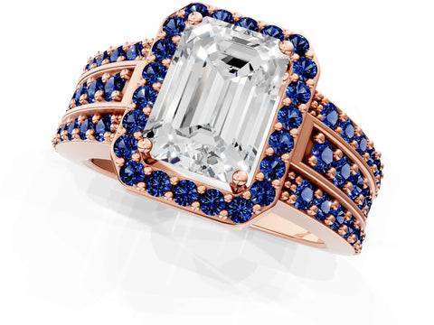 Rose gold Emerald Cut Halo Diamond Ring with Round with Blue Sapphire side stone Split Shank and Prong Setting_1