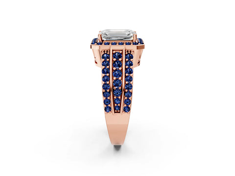 Rose gold Emerald Cut Halo Diamond Ring with Round with Blue Sapphire side stone Split Shank and Prong Setting_2