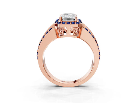 Rose gold Emerald Cut Halo Diamond Ring with Round with Blue Sapphire side stone Split Shank and Prong Setting_3