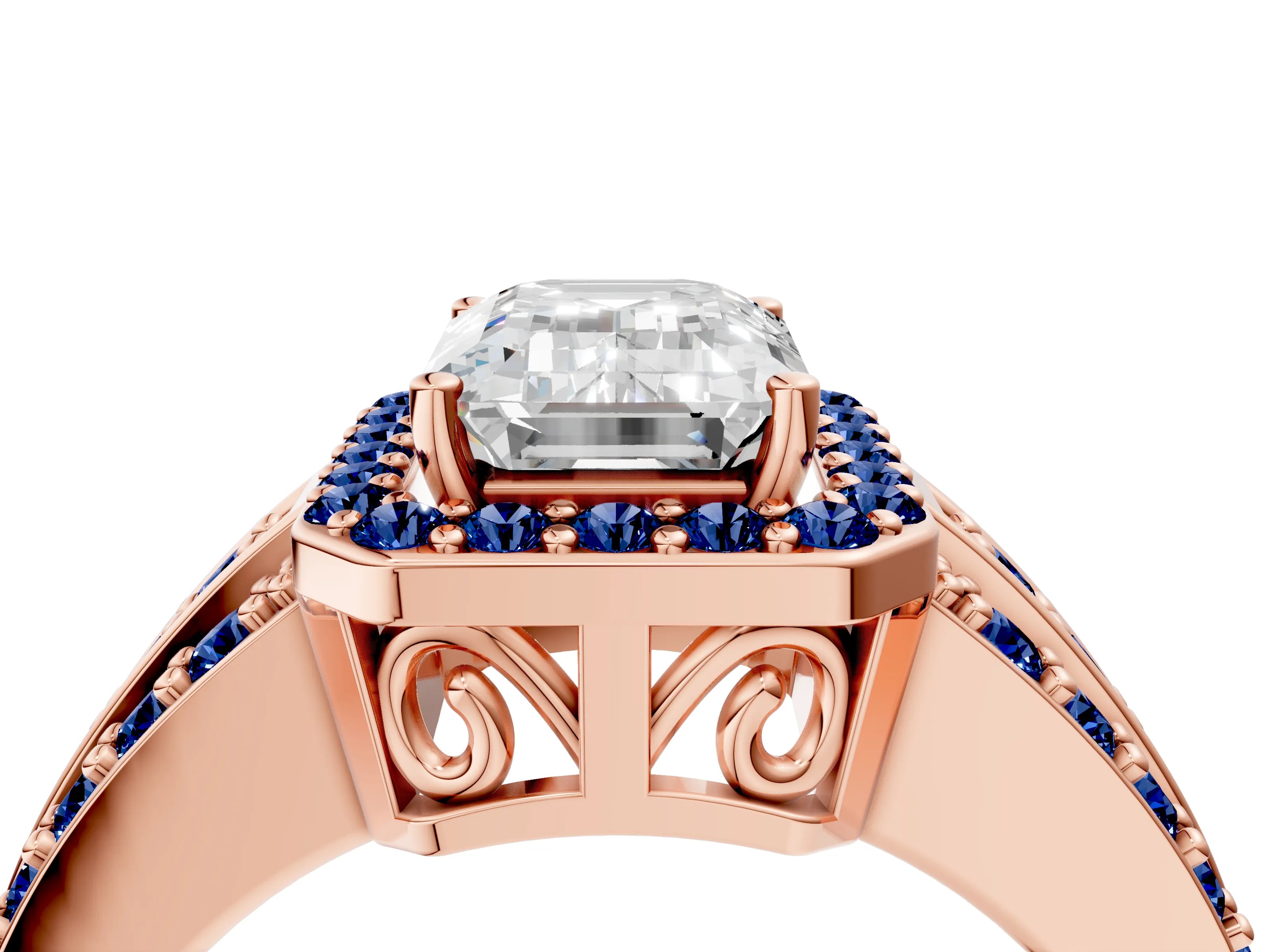 Rose gold Emerald Cut Halo Diamond Ring with Round with Blue Sapphire side stone Split Shank and Prong Setting_4