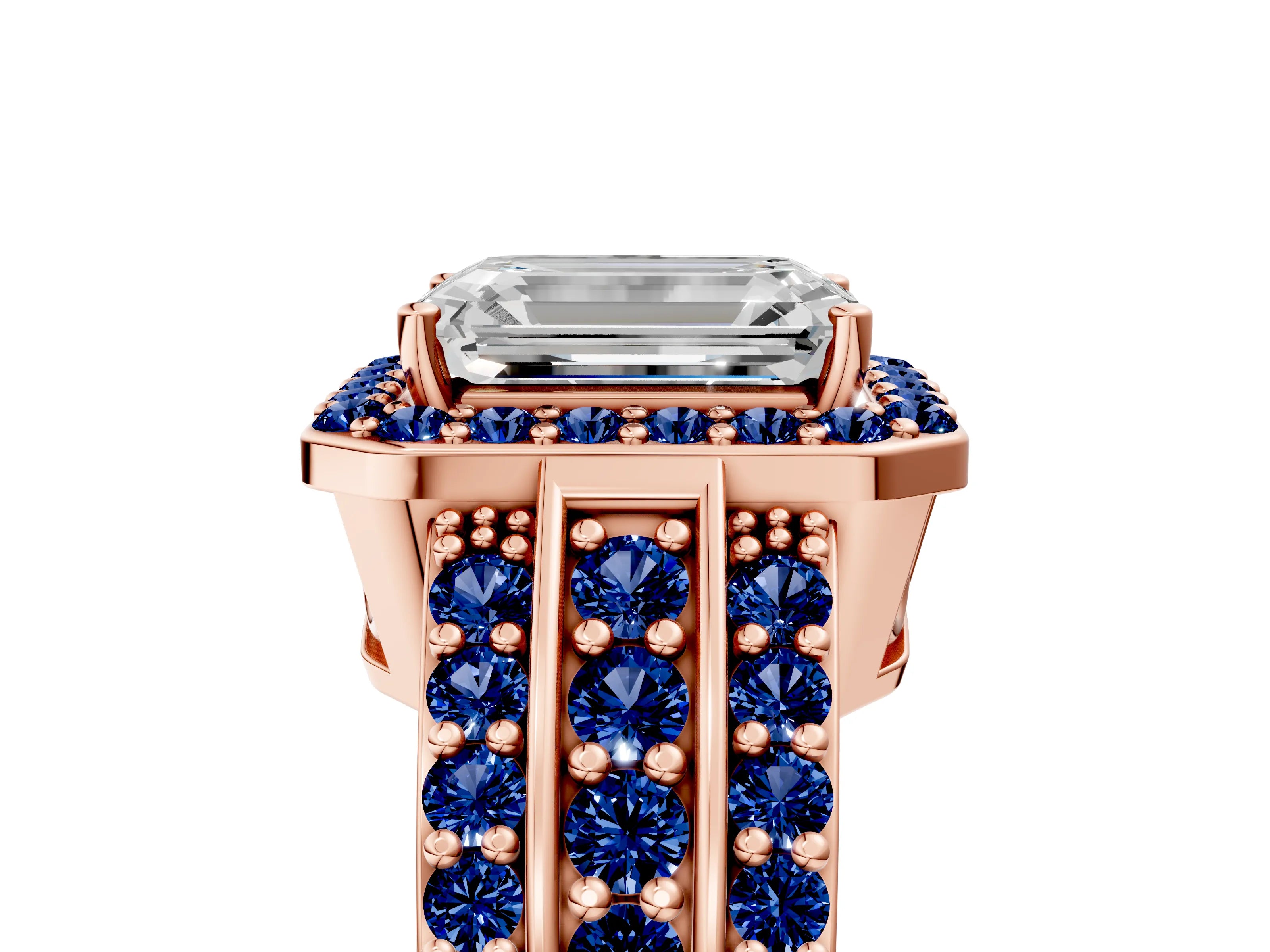 Rose gold Emerald Cut Halo Diamond Ring with Round with Blue Sapphire side stone Split Shank and Prong Setting_5