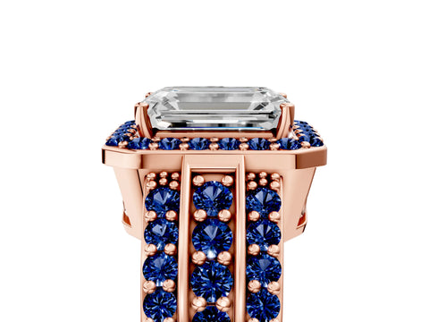 Rose gold Emerald Cut Halo Diamond Ring with Round with Blue Sapphire side stone Split Shank and Prong Setting_5