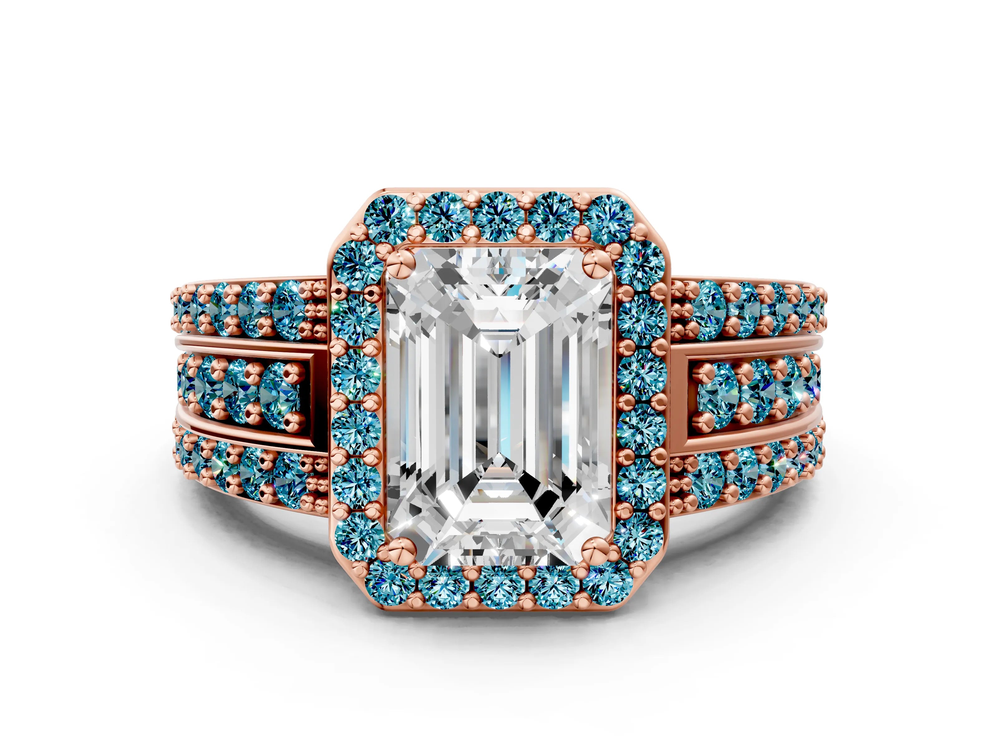 Rose gold Emerald Cut Halo Diamond Ring with Round with Blue Topaz side stone Split Shank and Prong Setting