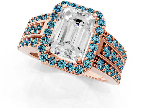 Rose gold Emerald Cut Halo Diamond Ring with Round with Blue Topaz side stone Split Shank and Prong Setting_1