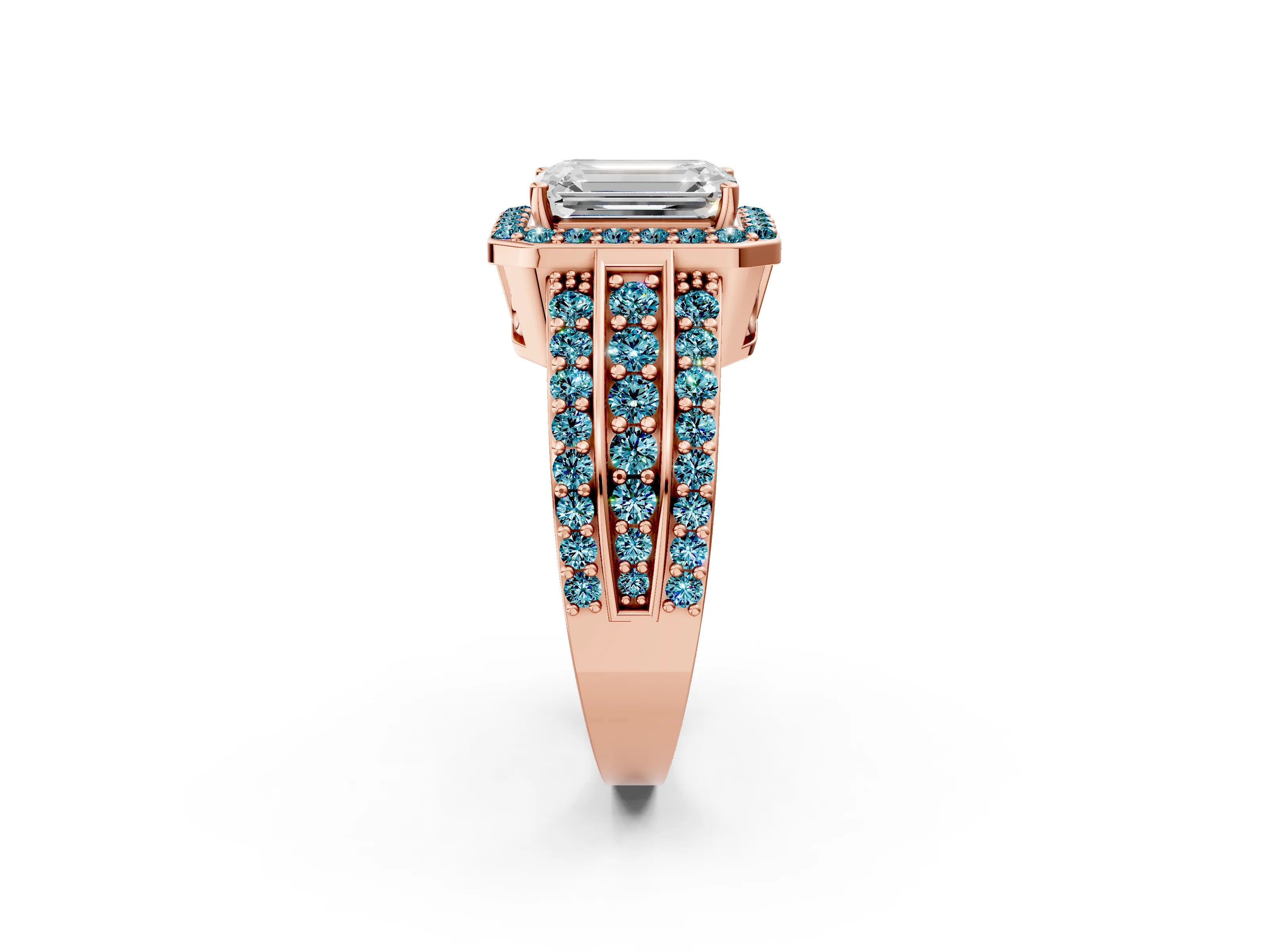 Rose gold Emerald Cut Halo Diamond Ring with Round with Blue Topaz side stone Split Shank and Prong Setting_2