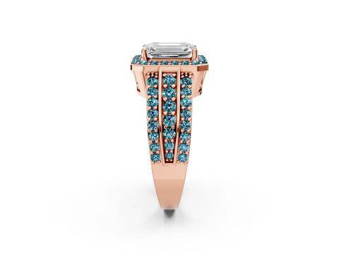 Rose gold Emerald Cut Halo Diamond Ring with Round with Blue Topaz side stone Split Shank and Prong Setting_2