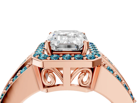 Rose gold Emerald Cut Halo Diamond Ring with Round with Blue Topaz side stone Split Shank and Prong Setting_4
