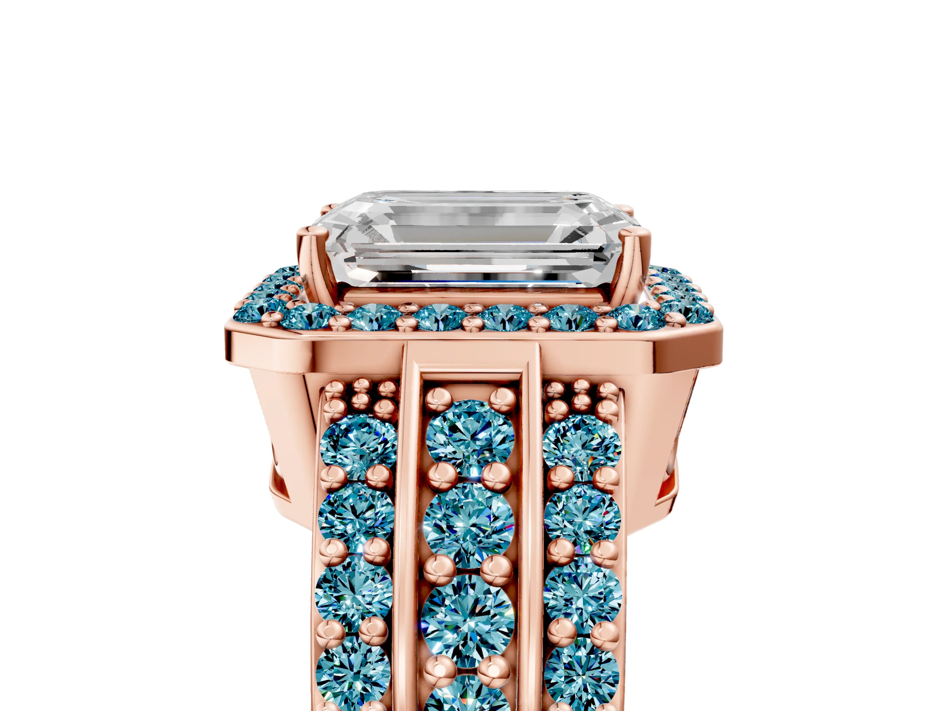 Rose gold Emerald Cut Halo Diamond Ring with Round with Blue Topaz side stone Split Shank and Prong Setting_5