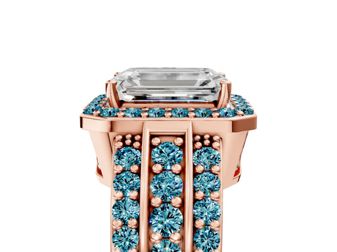 Rose gold Emerald Cut Halo Diamond Ring with Round with Blue Topaz side stone Split Shank and Prong Setting_5