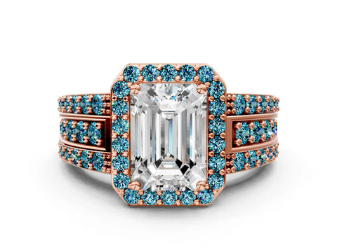 Rose gold Emerald Cut Halo Diamond Ring with Round with Blue Topaz side stone Split Shank and Prong Setting