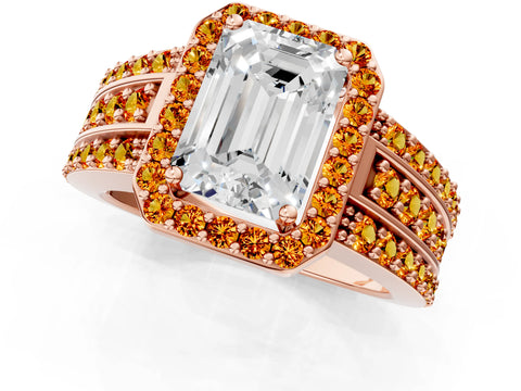Rose gold Emerald Cut Halo Diamond Ring with Round with Citrine side stone Split Shank and Prong Setting_1