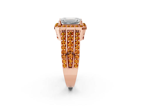 Rose gold Emerald Cut Halo Diamond Ring with Round with Citrine side stone Split Shank and Prong Setting_2