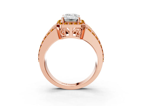 Rose gold Emerald Cut Halo Diamond Ring with Round with Citrine side stone Split Shank and Prong Setting_3