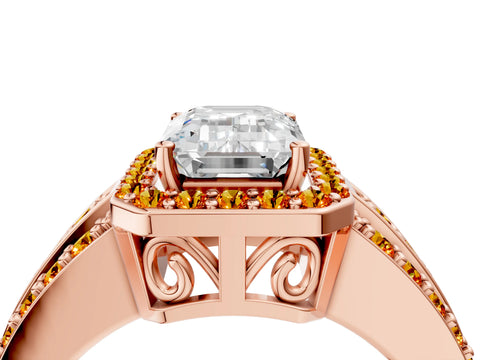 Rose gold Emerald Cut Halo Diamond Ring with Round with Citrine side stone Split Shank and Prong Setting_4