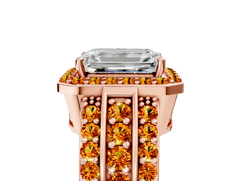 Rose gold Emerald Cut Halo Diamond Ring with Round with Citrine side stone Split Shank and Prong Setting_5