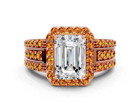 Rose gold Emerald Cut Halo Diamond Ring with Round with Citrine side stone Split Shank and Prong Setting
