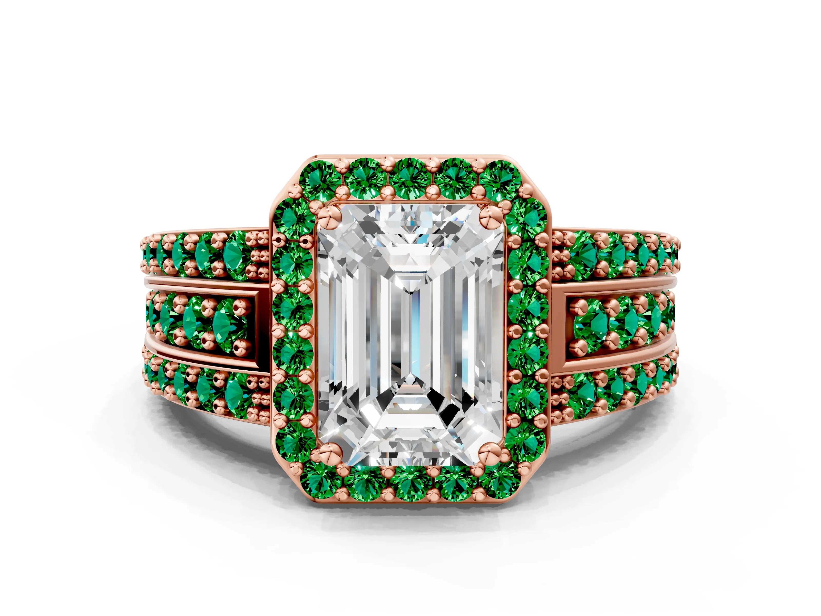 Rose gold Emerald Cut Halo Diamond Ring with Round with Emerald side stone Split Shank and Prong Setting