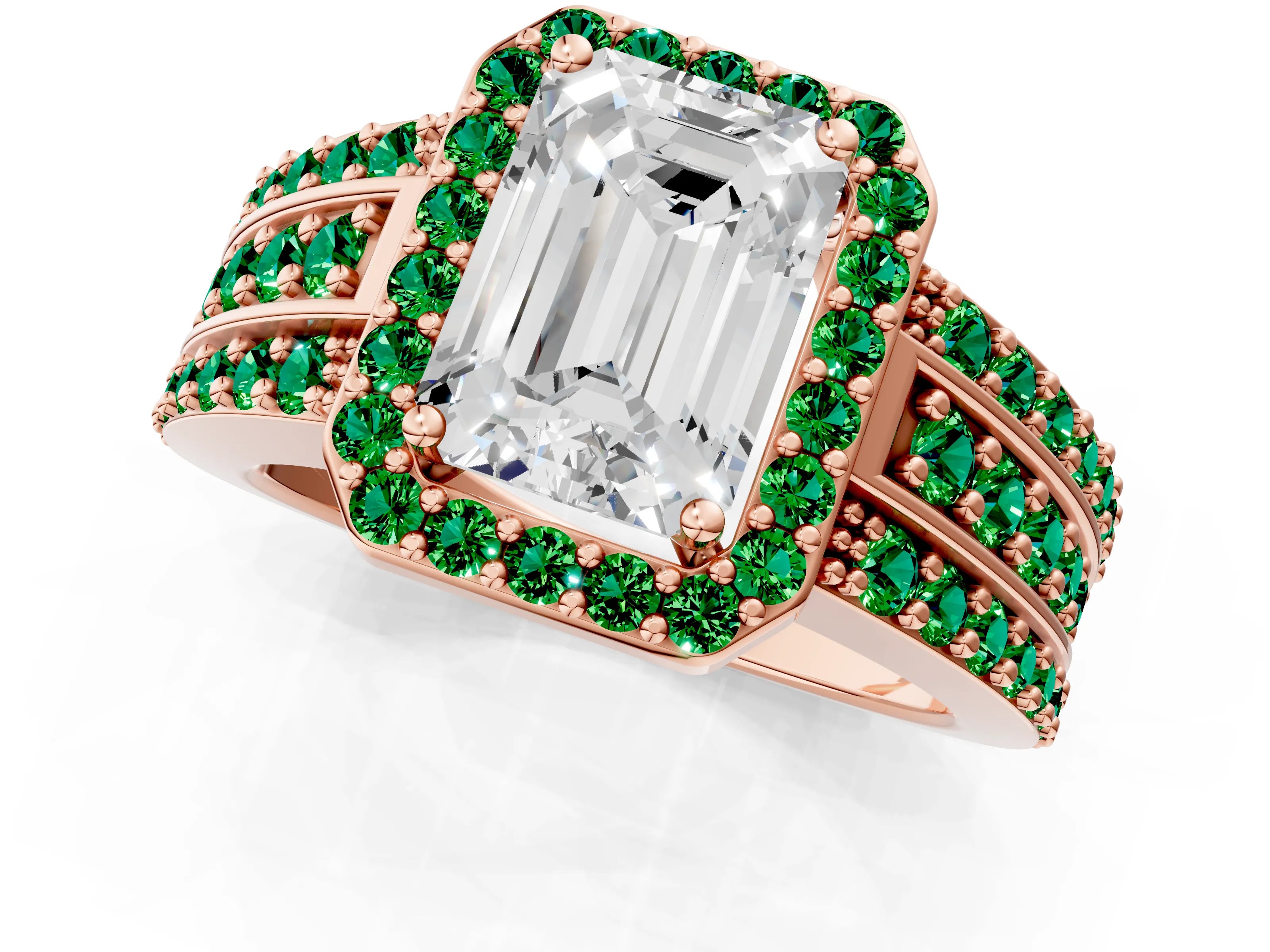 Rose gold Emerald Cut Halo Diamond Ring with Round with Emerald side stone Split Shank and Prong Setting_1