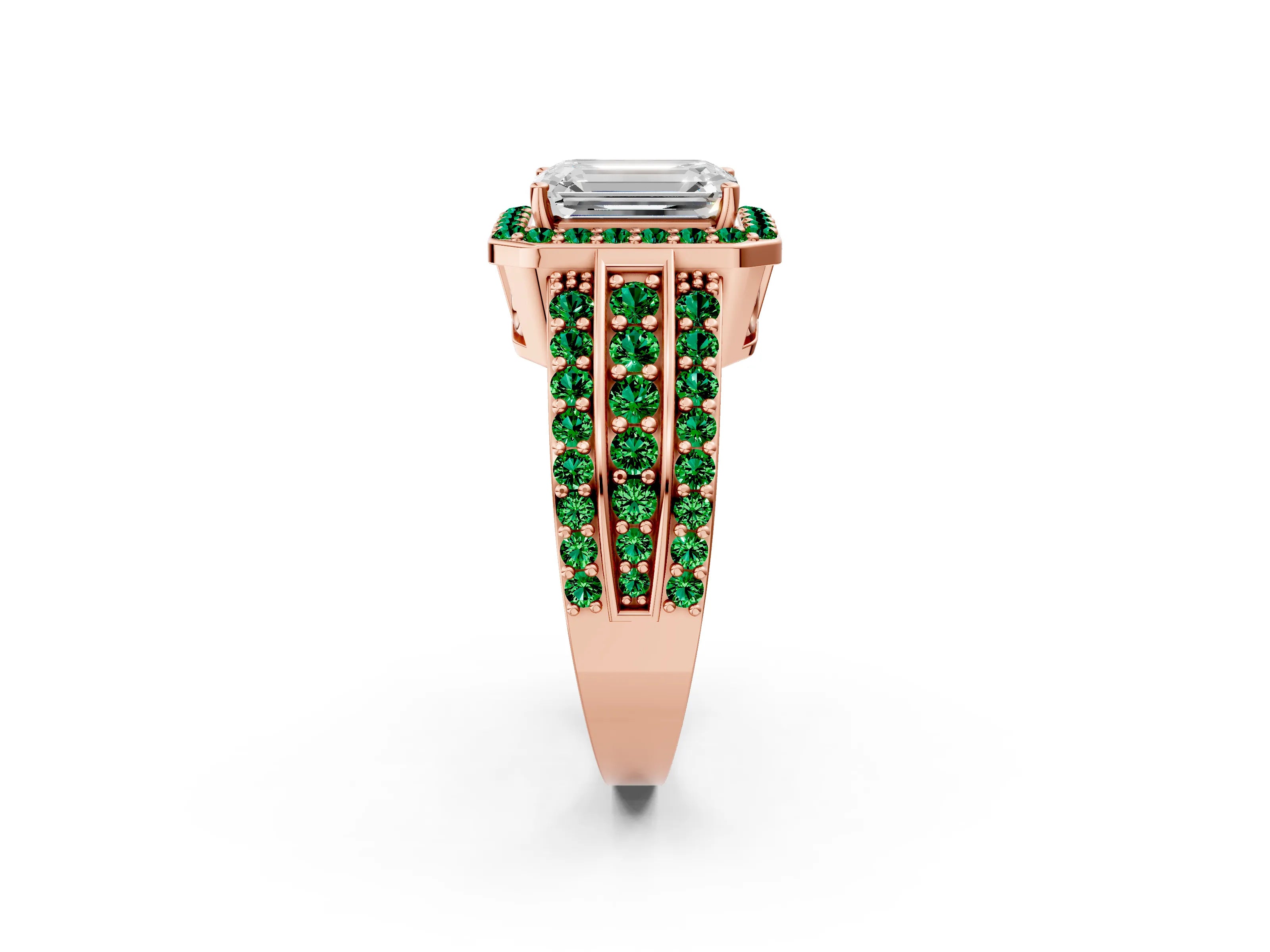 Rose gold Emerald Cut Halo Diamond Ring with Round with Emerald side stone Split Shank and Prong Setting_2
