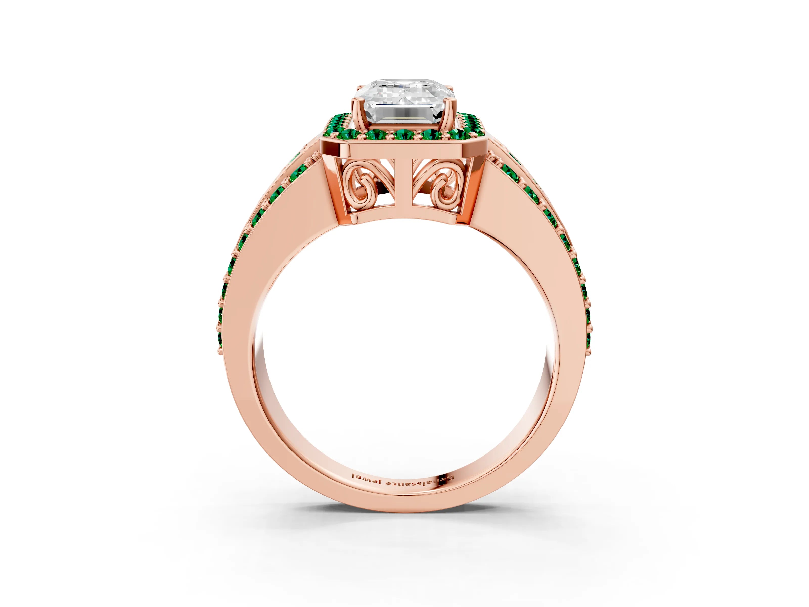 Rose gold Emerald Cut Halo Diamond Ring with Round with Emerald side stone Split Shank and Prong Setting_3