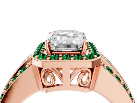 Rose gold Emerald Cut Halo Diamond Ring with Round with Emerald side stone Split Shank and Prong Setting_4
