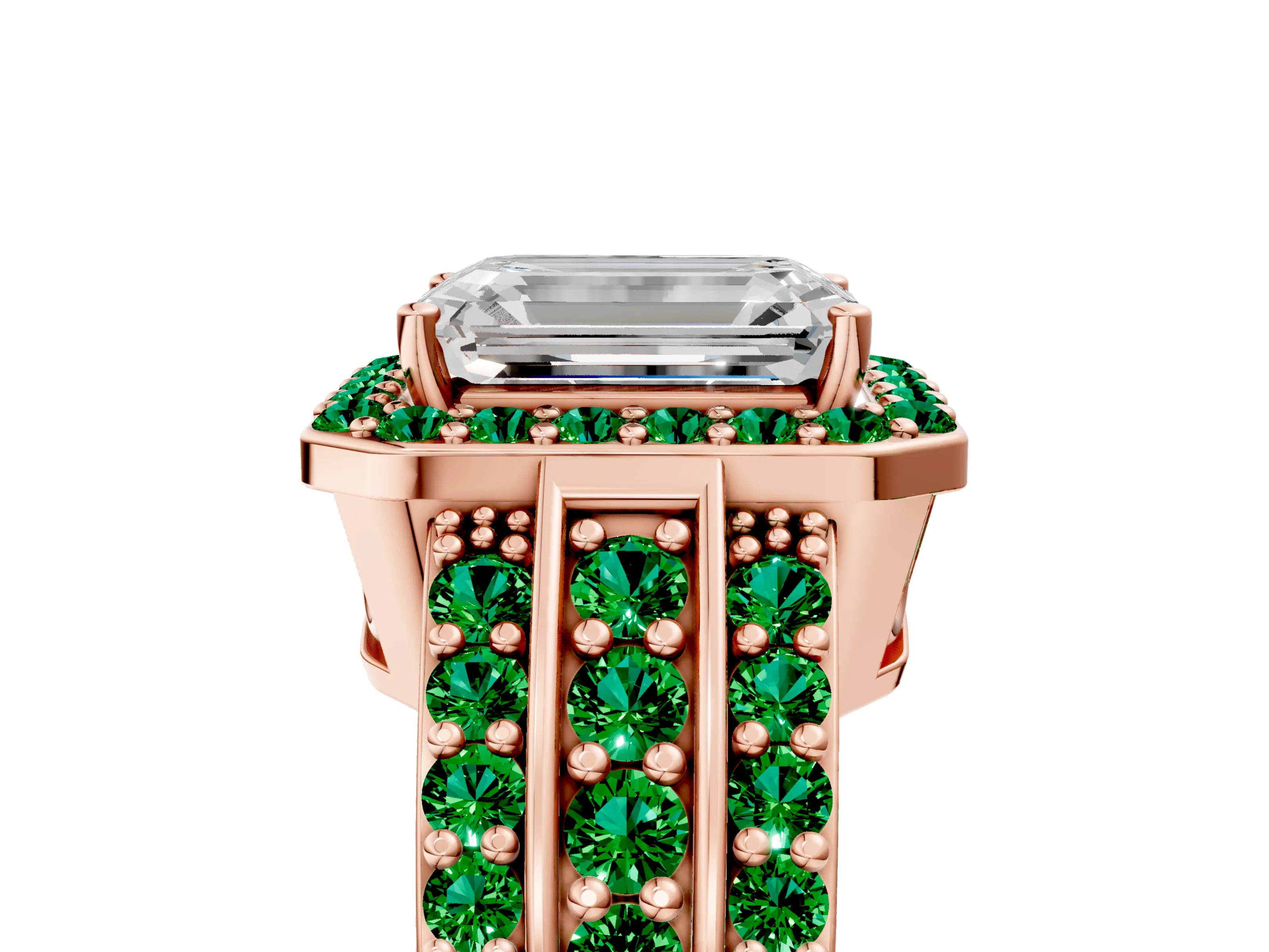 Rose gold Emerald Cut Halo Diamond Ring with Round with Emerald side stone Split Shank and Prong Setting_5