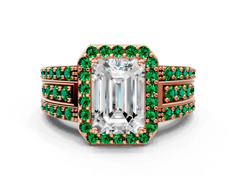Rose gold Emerald Cut Halo Diamond Ring with Round with Emerald side stone Split Shank and Prong Setting