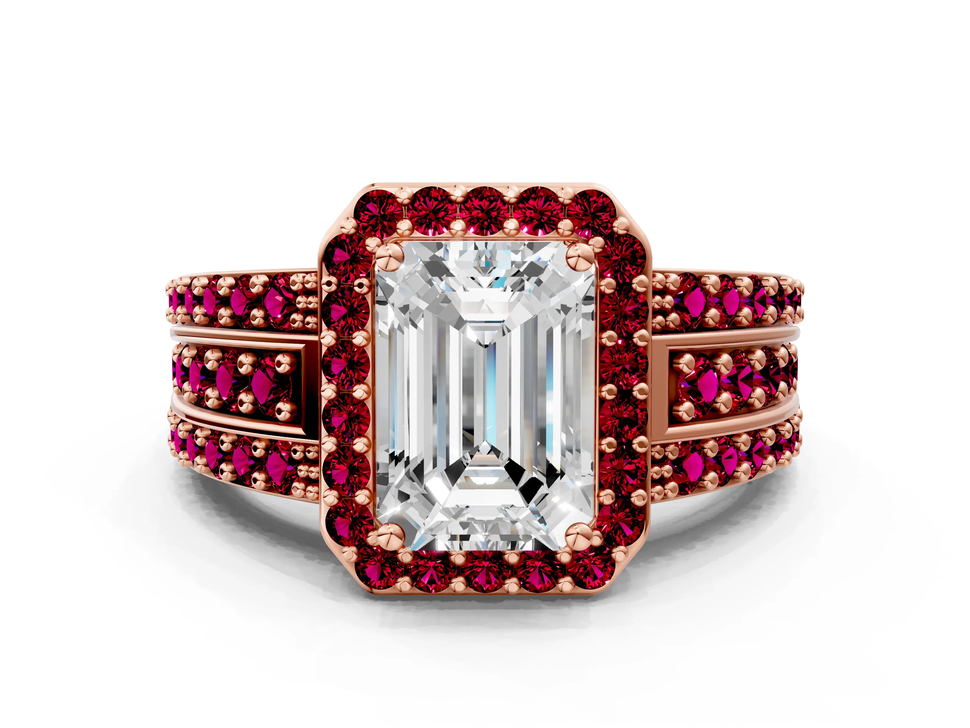 Rose gold Emerald Cut Halo Diamond Ring with Round with Garnet side stone Split Shank and Prong Setting