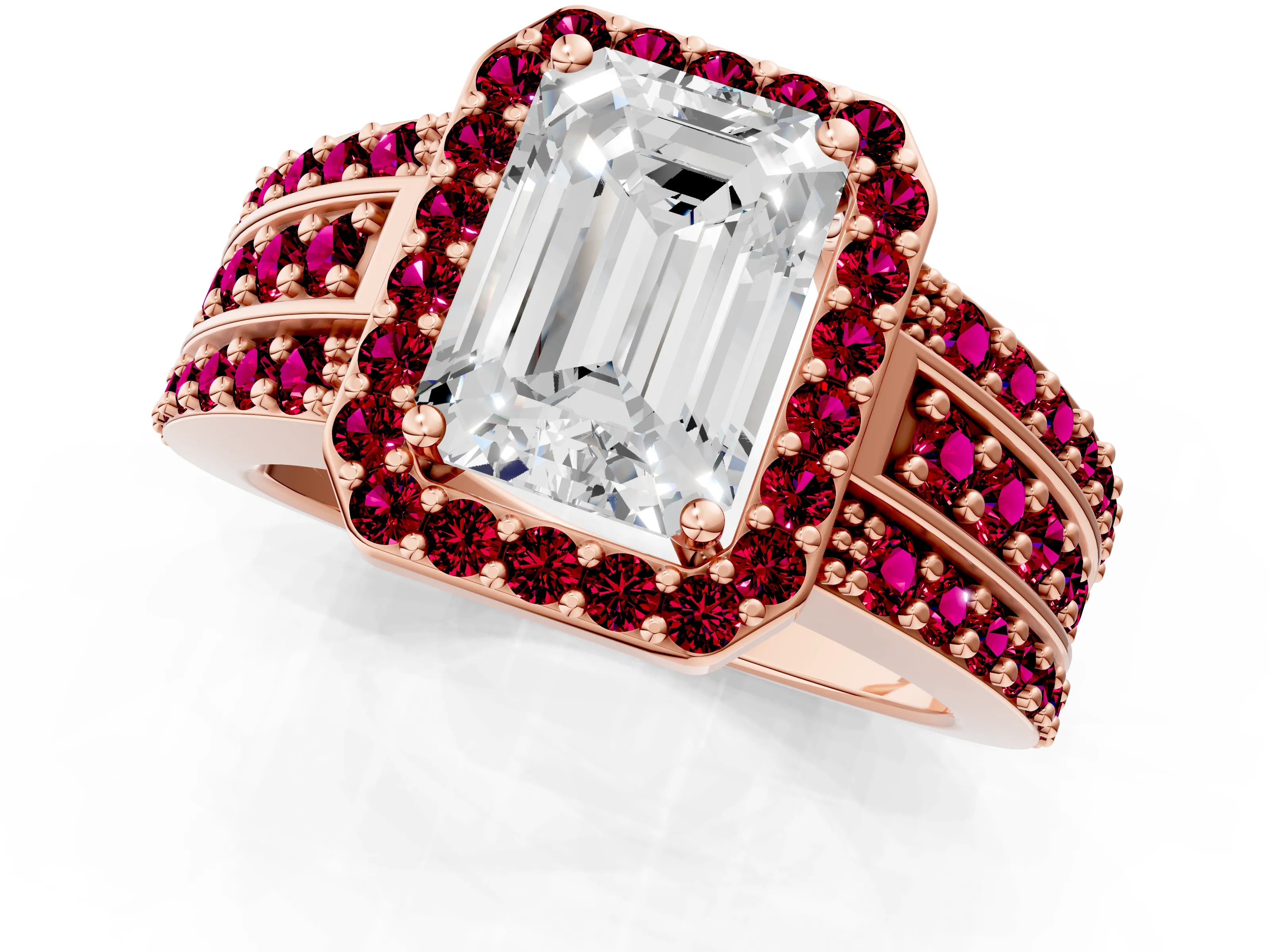 Rose gold Emerald Cut Halo Diamond Ring with Round with Garnet side stone Split Shank and Prong Setting_1