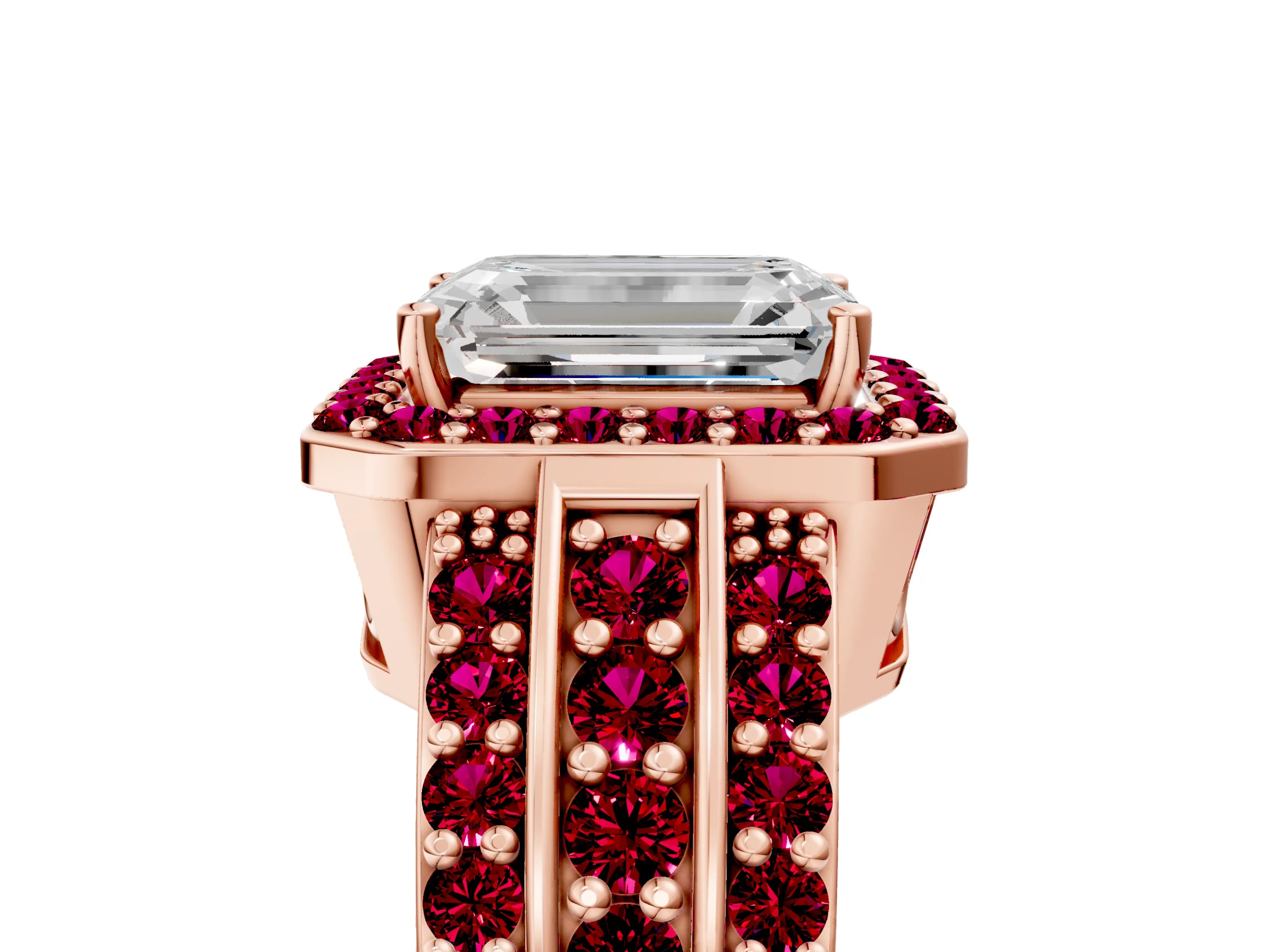 Rose gold Emerald Cut Halo Diamond Ring with Round with Garnet side stone Split Shank and Prong Setting_5