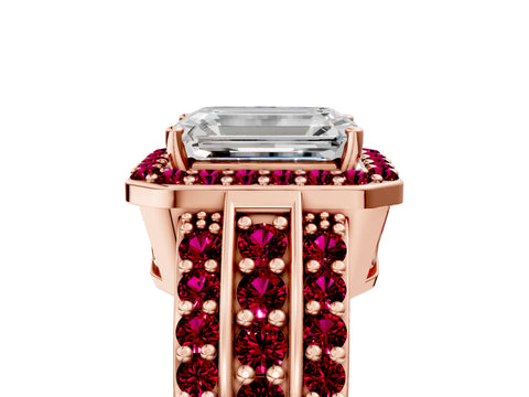 Rose gold Emerald Cut Halo Diamond Ring with Round with Garnet side stone Split Shank and Prong Setting_5