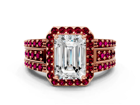 Rose gold Emerald Cut Halo Diamond Ring with Round with Garnet side stone Split Shank and Prong Setting