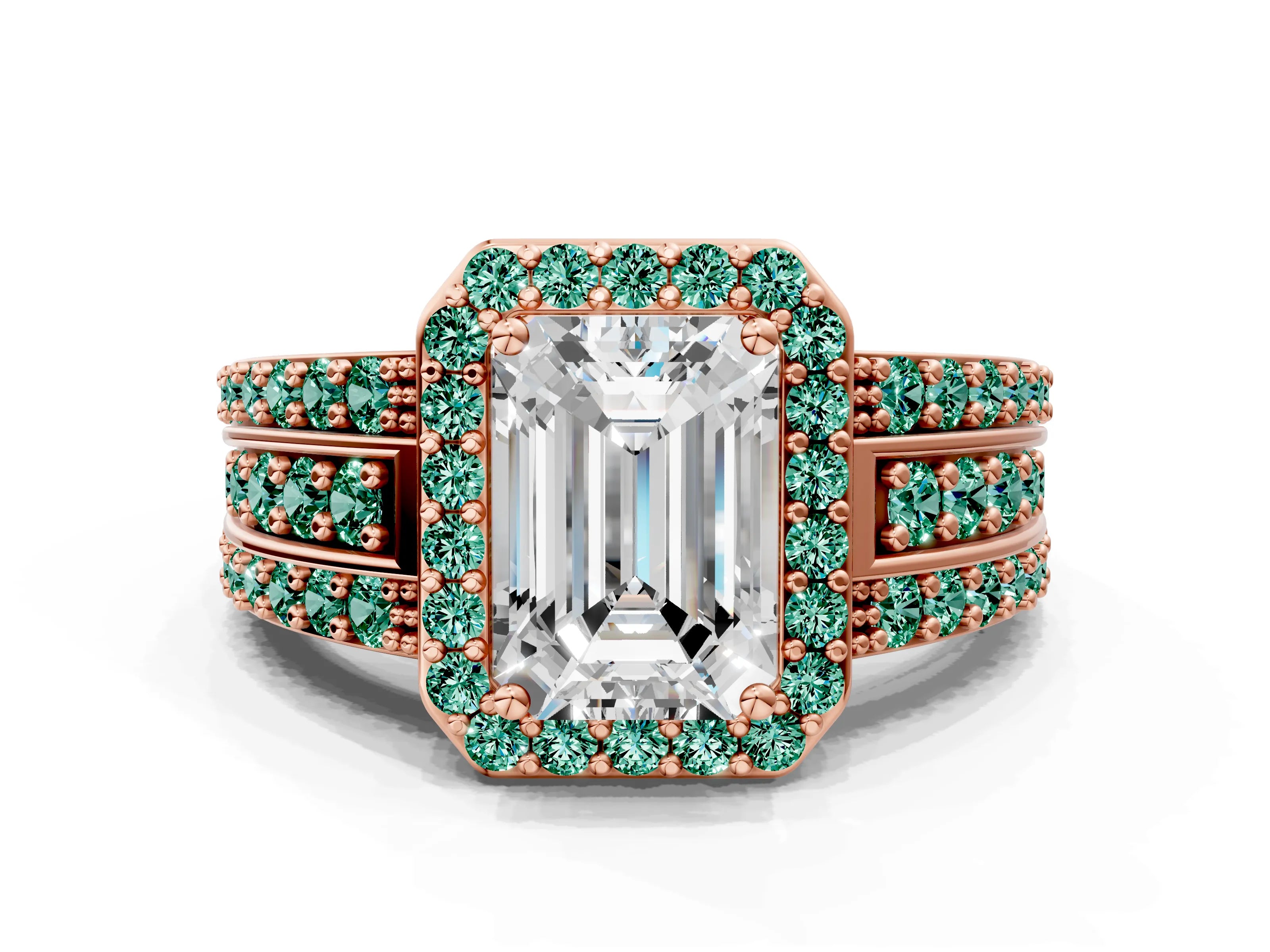 Rose gold Emerald Cut Halo Diamond Ring with Round with Green Sapphire side stone Split Shank and Prong Setting
