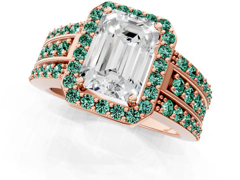 Rose gold Emerald Cut Halo Diamond Ring with Round with Green Sapphire side stone Split Shank and Prong Setting_1
