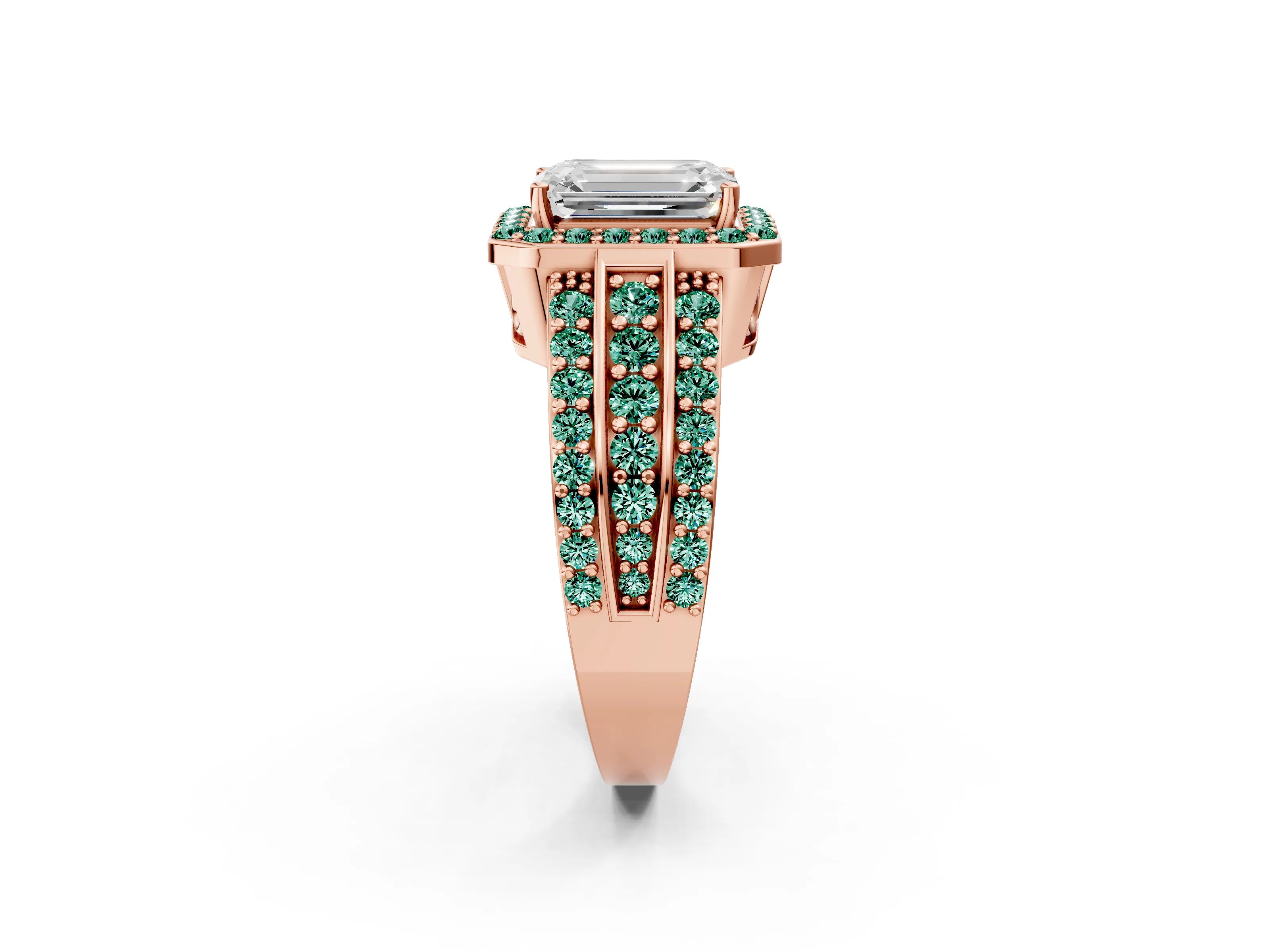 Rose gold Emerald Cut Halo Diamond Ring with Round with Green Sapphire side stone Split Shank and Prong Setting_2