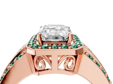 Rose gold Emerald Cut Halo Diamond Ring with Round with Green Sapphire side stone Split Shank and Prong Setting_4