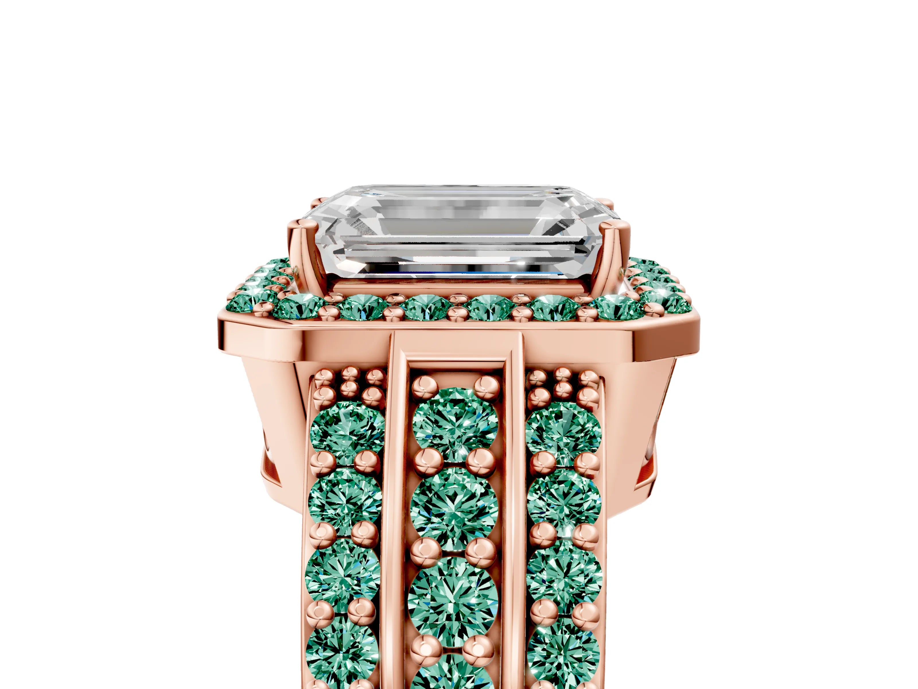 Rose gold Emerald Cut Halo Diamond Ring with Round with Green Sapphire side stone Split Shank and Prong Setting_5