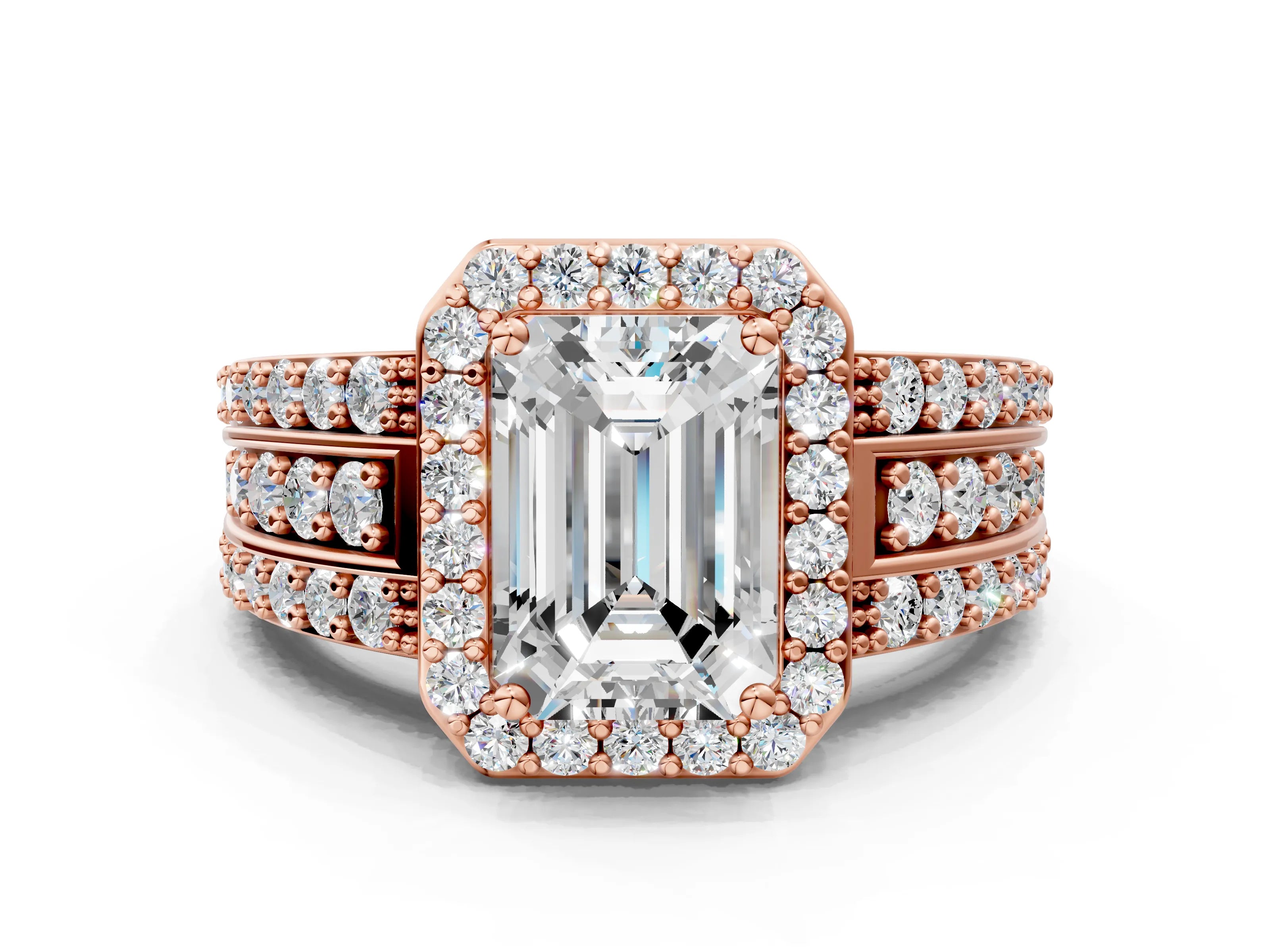 Rose gold Emerald Cut Halo Diamond Ring with Round with Moissanite side stone Split Shank and Prong Setting