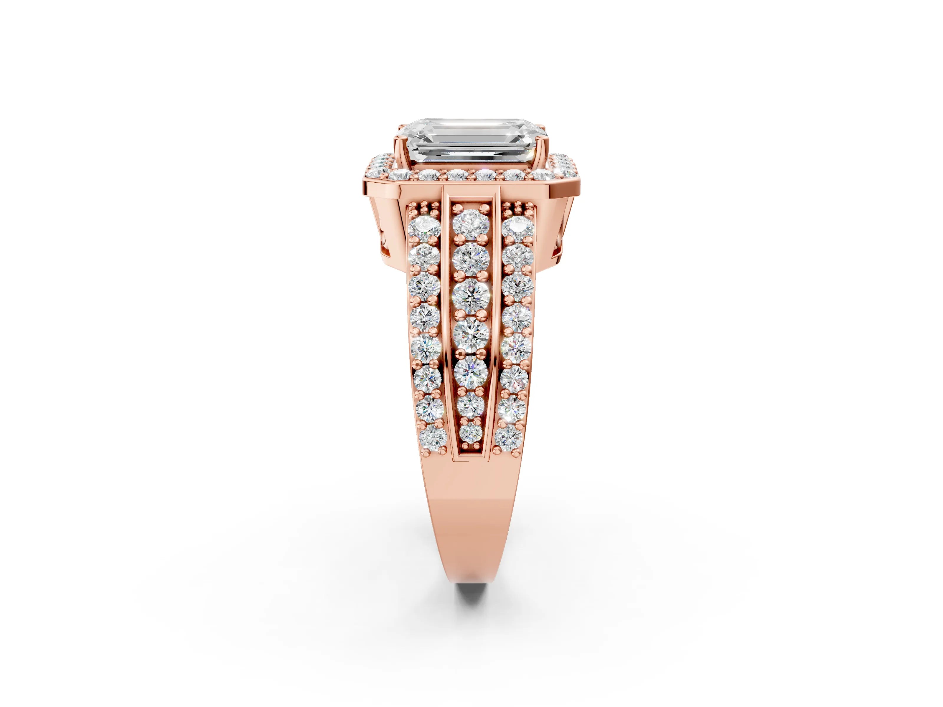 Rose gold Emerald Cut Halo Diamond Ring with Round with Moissanite side stone Split Shank and Prong Setting_2
