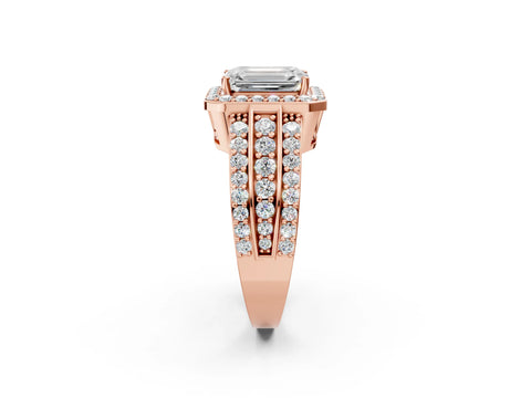 Rose gold Emerald Cut Halo Diamond Ring with Round with Moissanite side stone Split Shank and Prong Setting_2