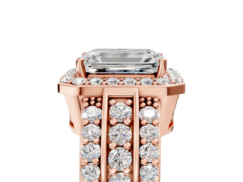 Rose gold Emerald Cut Halo Diamond Ring with Round with Moissanite side stone Split Shank and Prong Setting_5