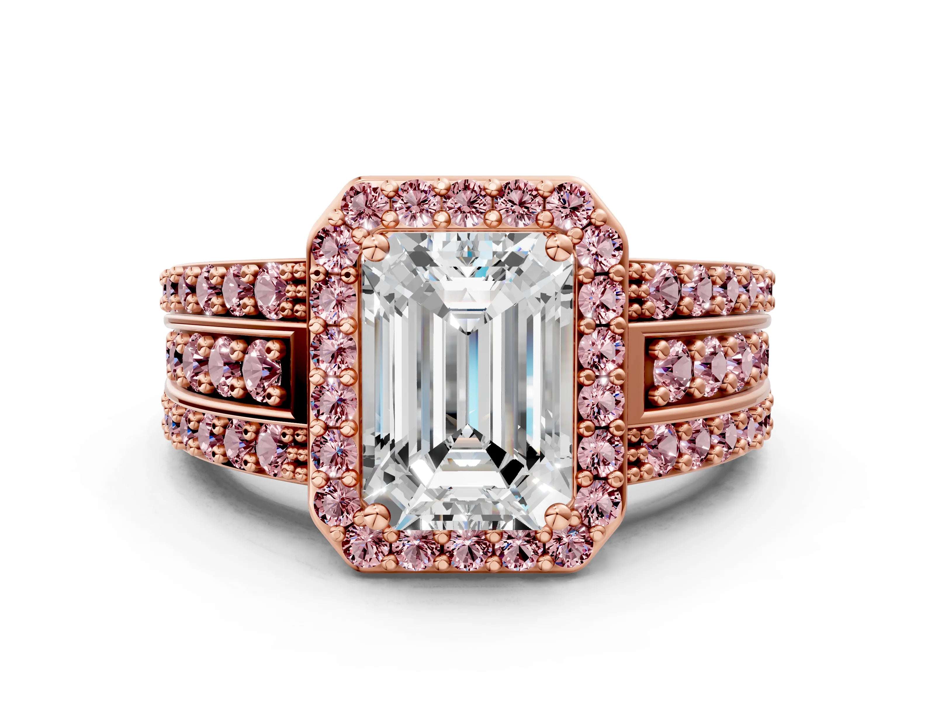 Rose gold Emerald Cut Halo Diamond Ring with Round with Morganite side stone Split Shank and Prong Setting