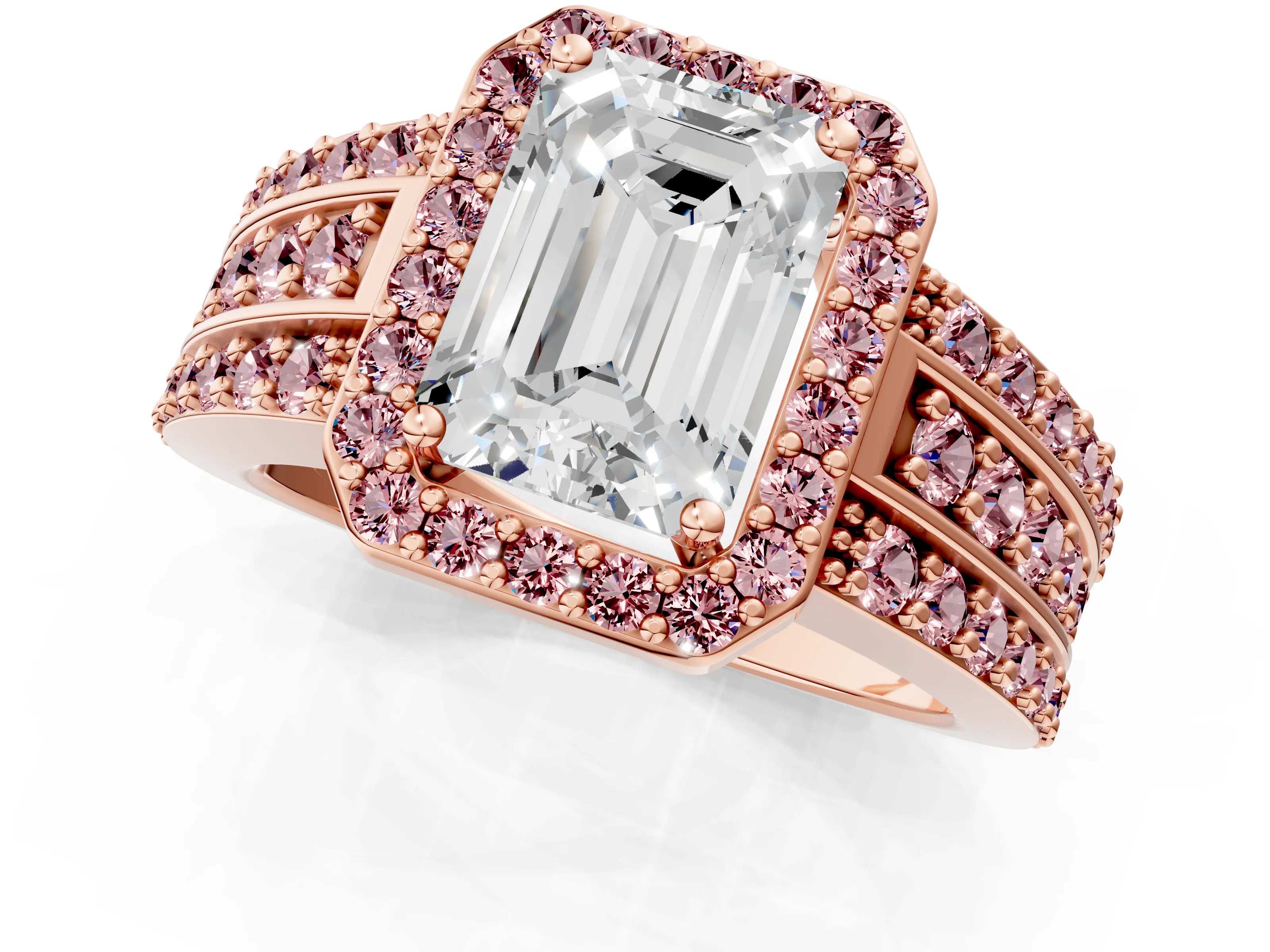 Rose gold Emerald Cut Halo Diamond Ring with Round with Morganite side stone Split Shank and Prong Setting_1