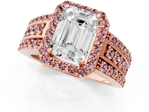 Rose gold Emerald Cut Halo Diamond Ring with Round with Morganite side stone Split Shank and Prong Setting_1
